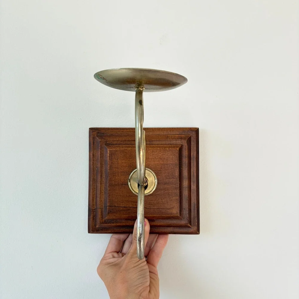 Vintage Wood and Brass Wall Sconce Pillar Candle Holder Scroll Design 6in Plaque